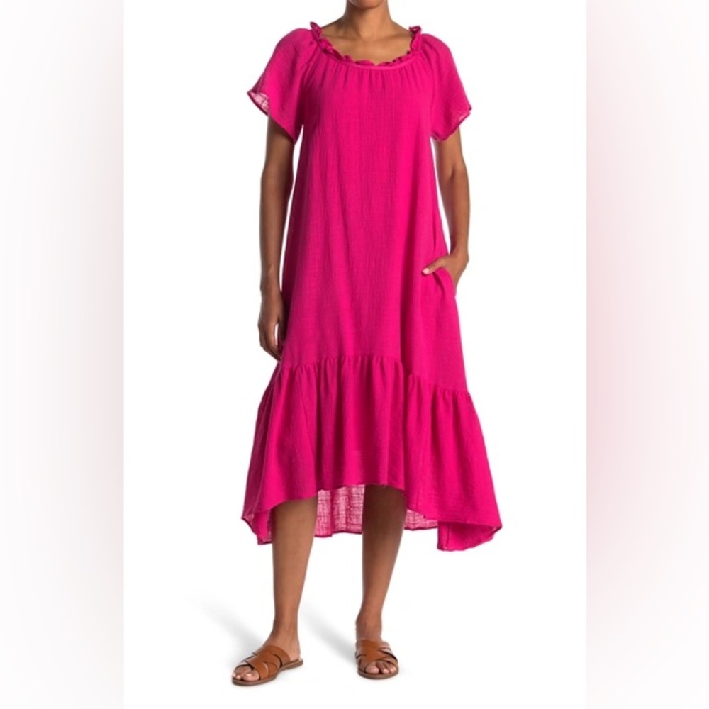 Stitchdrop Midi Peasant Dress Pink Women's M Casual Boho Short Sleeve
